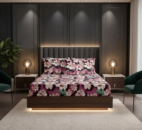 Image of 7D 400TC Cotton Feel Glace Cotton Elastic Fitted Bedsheet Queen Size || Includes 1 Double Bed Elastic Bedsheet Queen Size with 2 Pillow Covers (60 inch x 78 inch Inches, Jasper)
