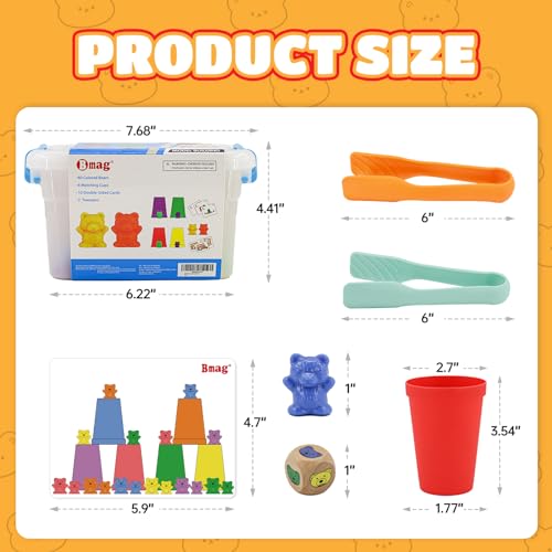 Image of Bmag Counting Bears with Matching Sorting Cups,Pre-School Math Learning Games with 2 Dices,Color Recognition STEM Educational Toy for Toddler Bonus Tweezers, Storage Box, Activity Cards