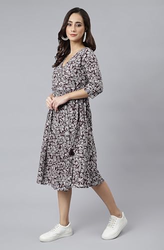 Image of Janasya Women's Cotton Floral Print Angrakha Dress