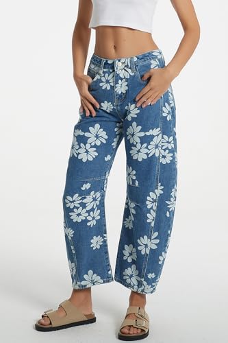 D-Sun Women Printed Barrel Jeans Casual Low Rise Floral Printed Cropped Wide Leg Denim Pants Boyfriend Baggy Jean with Pocket2