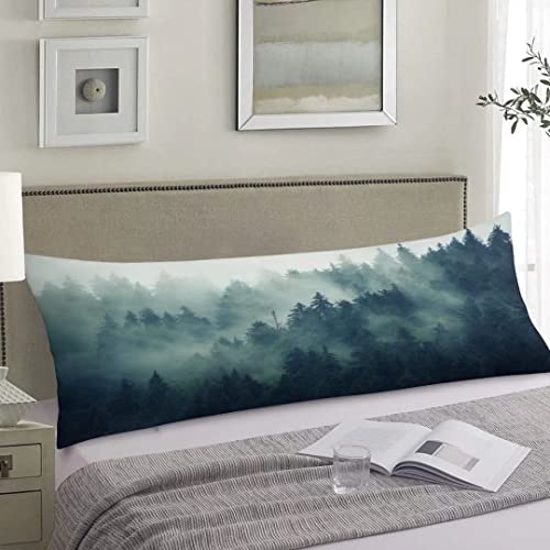 Foggy Forest Body Pillow Cover Green Fog Misty Fir Hipster Vintage Nature Parks Pine Mist Wood Cloud Tree Long Pillow Case Protector With Zipper Soft Large Pillow Cases Covers For Bed,Couch 20"X54" #TOP2