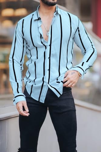 Image of MiraMichi Men's Striped Slim Fit Lycra Shirt | Full Sleeve Stretchable Shirt | Trendy Black and White Vertical Stripes for Casual