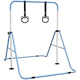 HOMCOM Barra de Gimnasia para Niños con Altura Ajustable en 5 Niveles y Anillos, Barra de Entrenamiento de Gimnasia Plegable en Casa, Azul