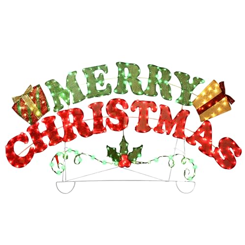 60L Large Merry Sign Christmas Decorations Outdoor Lighted Outdoor Holiday Decor Light Up Merry Christmas Sign with Plug-in LED Lights Stakes for Yard Lawn Party