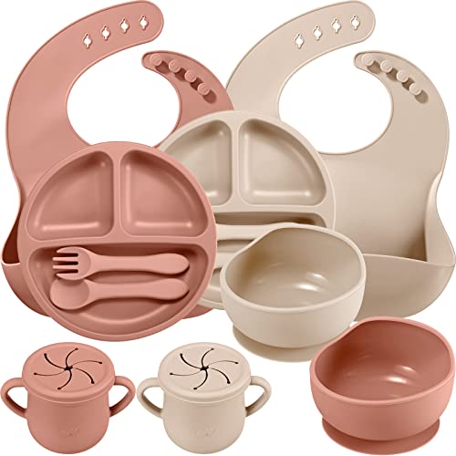Image of 2 Set Baby Feeding Supplies, Silicone Baby Led Weaning Feeding Supplies with Suction Bowl Divided Plate Adjustable Bib Soft Spoon Fork Utensil (Orange Red, Beige)