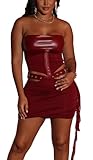 kaimimei Two Piece Sets for Women Sexy Backless Leather Lace Up Crop Top Wrap Mini Skirt Set Night Club Outfit Large Burgundy