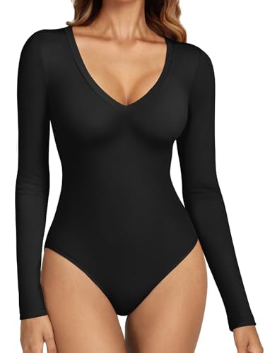 ATHMILE Deep V Neck Long Sleeve Bodysuits for Women Sexy Going Out Tops Body Suits
