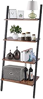 Cocoarm Ladder Shelf 4 Tier Wall Leaning Storage Rack Standing Shelf Unit Industrial Wood Bookshelf Ladder Display Shelves with Metal Frame for Living Room Bedroom Home Office Dark Brown