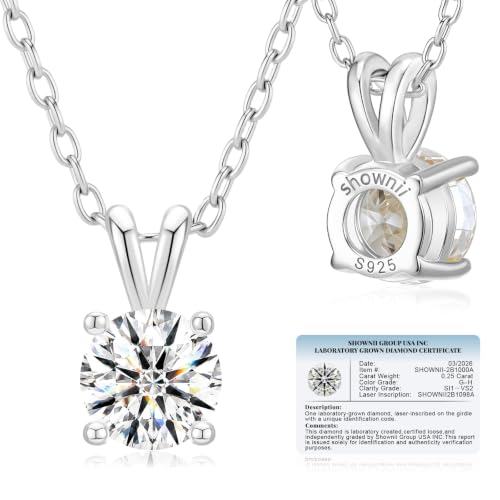 shownii Diamond Necklace Certified LAB GROWN 0.25 CT Round Diamond Necklaces for Women 10K White Gold Plated Sterling Silver 4 Prong Solitaire Pendant Jewelry (G-H Color SI1-VS2 Clarity)