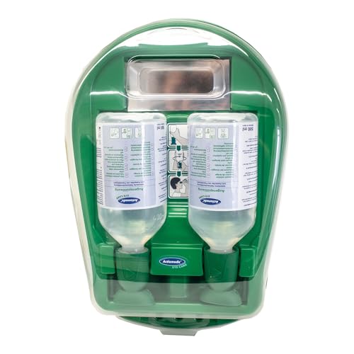 Actiomedic Eye Care Medidrop 1 I Augenspülstation mit 2 x 500 ml DIN EN 15 154-4 Natriumchloridlösung 0 9% I Sterile Augenspülung mit Kochsalzlösung für die Arbeit 500.101.10010 35x27x10cm