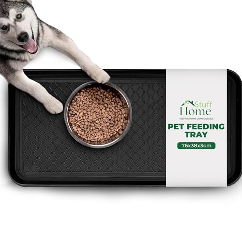 Home Stuff Cat & Dog Food Feeding Tray Non-Slip, Waterproof Pet Tray to Stop Food Spills and Water Messes Out to Floor, Water Resistance Plastic, Black, 76x38x3 cm, 1 Pack