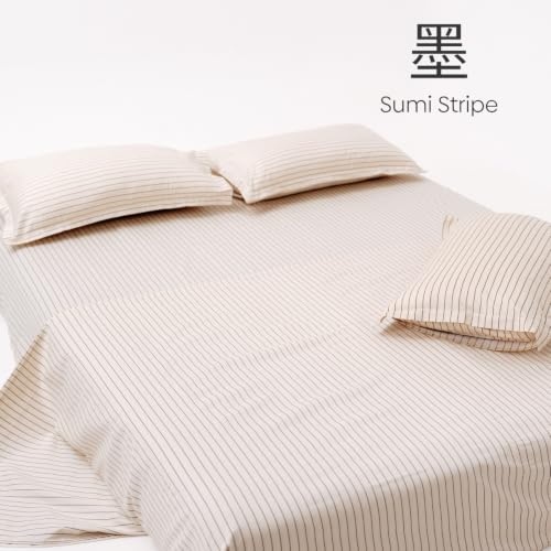 Image of Haus & Kinder Double Bed Bedsheet 90 x 100 | 186 TC Pure Cotton Bed Sheet Double Bed with 2 Pillow Covers | Queen Size Bed Sheet | Sumi Stripe Ink