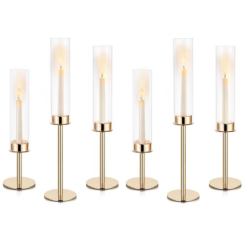 Ronasip Hurricane Candle Holders Metal Candlestick Holder for Glass Taper Tall Candle Holders with Candles Stands for Home Decor, Christmas, Dinning, Wedding, Housewarming Gifts (6, Gold)