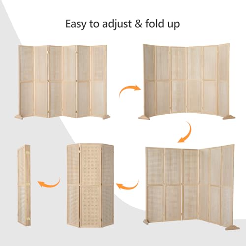 Bonnlo 4/6 Panel Pegboard Freestanding, 5 FT Portable Display Board Organizer for Craft Show Jewelry, Wooden Folding Privacy Screen Room Divider (Natural, 6 Panel with Base)
