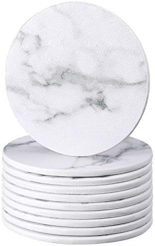 BOAO Pack of 10 Marble Leather Coasters for Drinks, White Drinks Coasters, Round Cup Mat Pad for Home, Kitchen and Office Use