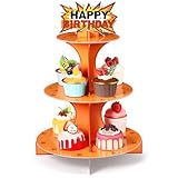Oudain Anime Theme 3-Tier Cupcake Stand Orange and Red Stars Print Themed Cardboard Cupcake Tower for Cartoon Truck Theme Birthday Party Decor