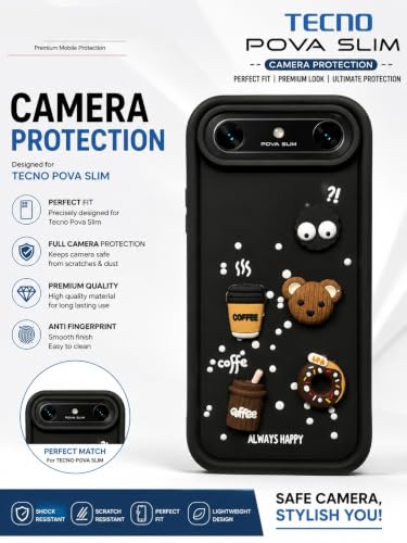 Image of Bintage Back Cover Compatible for Tecno KM9 / Pova Slim 5G | Cute Fun Ball | 3D Taddy Smiley Coffee | Milk Case | Full Body Protection - Black