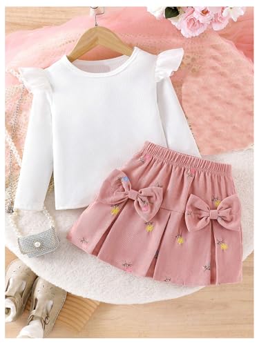 Image of WDIRARA Girls's 2 Piece Cap Long Sleeve Solid Ribbed Top and Embroidered Bow Skirt Set Pink 6Y