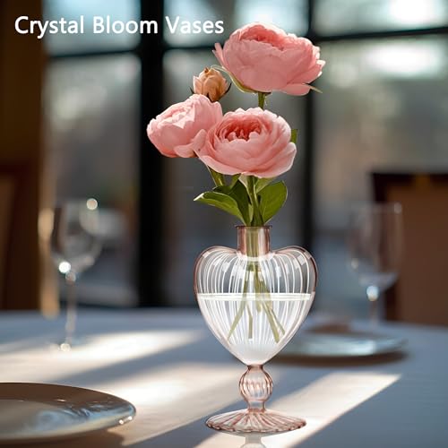 Image of Flameless Taper Candle with Vintage Glass Candle Holder, Set of 2, Wedding Dating Party Table Decor Centerpiece, Heart Shaped, Rose Gold