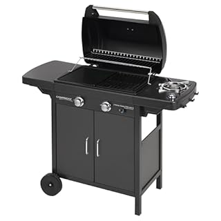 Campingaz 2 Series D Barbecue a Gas Serie 2 Classic EXS Vario a 2 fuochi, Potenza 7,5 kW, Griglia e Piastra in ghisa, 1 Tavolo Laterale, 10 Litri, Nero/Grigio