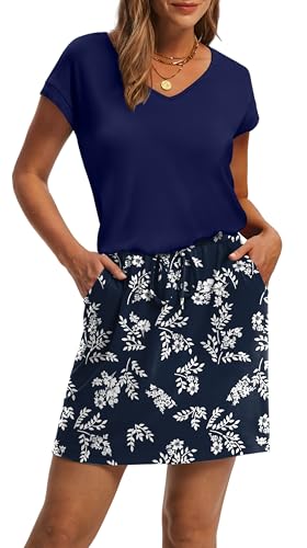 Image of OFEEFAN Summer Dresses for Women 2026 V Neck T Shirt Casual Mini Dresses Tie Waist Sundresses with Pockets