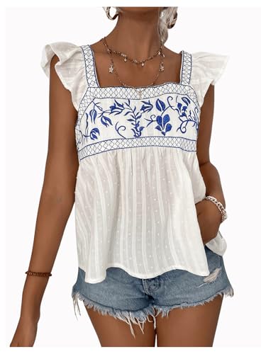 SweatyRocks Women's Floral Embroidery Ruffle Cap Sleeve Top Tie Back Flared Blouse Shirt4