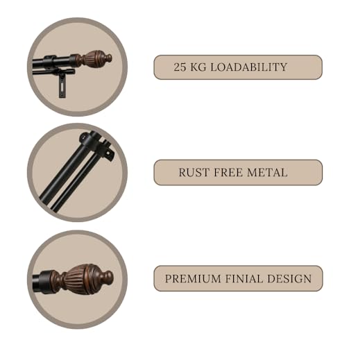 Image of Decor Mart Window Casa 84 inch-144 inch Adjustable Double Curtain Rod For Door & Windows With Brackets Set Curtains Hanging Extendable Iron Metal Pipe Holder With Carved Brown Wood Finial Black, 0.75 Diameter