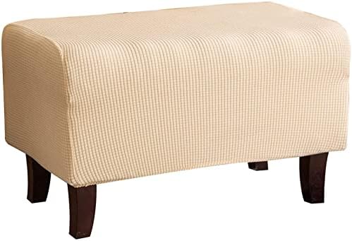 YSLLIOM Ottoman Cover Jacquard Ottoman Slipcovers Stretch Footstool Covers Square Footstool Slipcover with Elastic Bottom (Large,Beige)