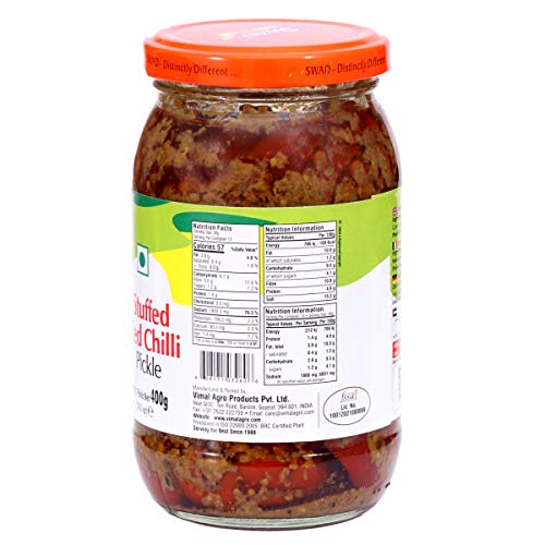 Image of SWAD Bharwa Lal Mirch Pickle 400g | Stuffed Red Chilli Achar | Authentic Gujarati Taste | Spicy Traditional Indian Condiment | Homemade Style Recipe | Ready to Serve