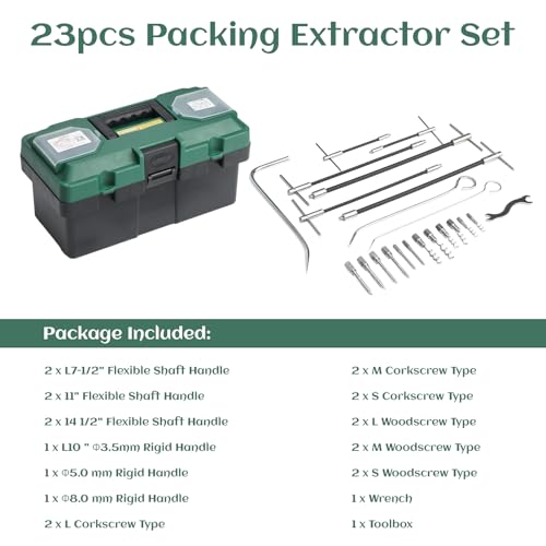 AIWFL 23pcs Packing Extractor Set Stainless Steel Packing Puller Set Packing Tool Set Flexible Packing Hook Sets Includes Flexible Shaft Removeable Tip Corkscrew Type Wrench Toolbox