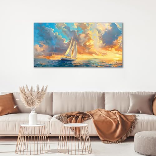 Mecowcm 30x60 inch Large Ocean Sailboat Wall Art Blue Coastal Pictures Wall Décor Abstract Ocean Canvas Print Painting Artwork Modern Home Decoration for Living Room Bedroom Office - Image 4