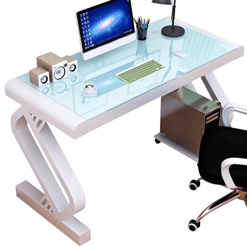 Qxdgoal Moderner Computertisch aus Glas, Home Office Schreibtisch, Ergonomischer Bürotisch, Tastaturablage (100/120 cm), Stehschreibtisch(Weiß,80cm)