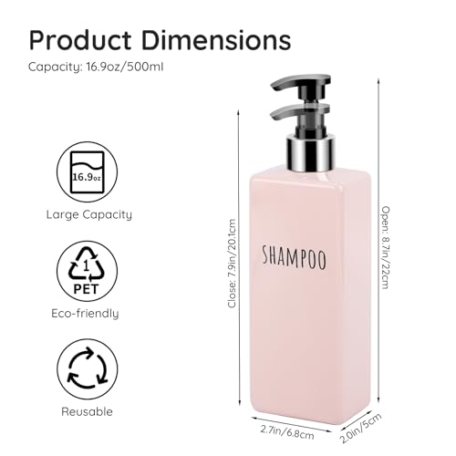 Image of Segbeauty 16.9oz Shower Bottles Refillable, 3 Pack of Shampoo and Conditioner Bottles for Bathroom, 500ml Plastic Square Soap Dispenser Set Lotion Dispenser Empty Press Pump Bottle Pink