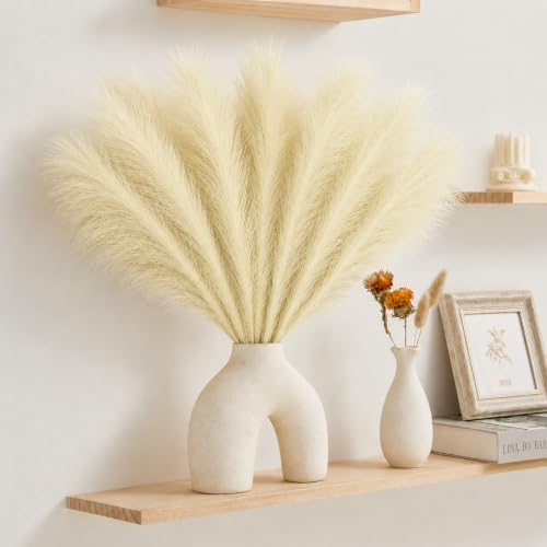 Image of CURATED CART Faux Pampas Grass, 12 Pcs Small Artificial Flowers for Home Decoration, Office, Bedroom, Living Room, Table Decor and Craft Corner Styling, 41 cm Height, (Without Vase) (Biege)
