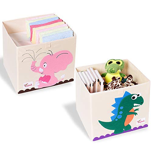 SITAKE Lot de 2 Coffre a Jouet avec Couvercle - 33 * 33 * 33 cm Boîte de Rangement Enfants - Enfants Cube de Rangement pour Jouets - Paniers Rangement Enfants Jouets (Dinosaure & Eléphant Rose) Cover