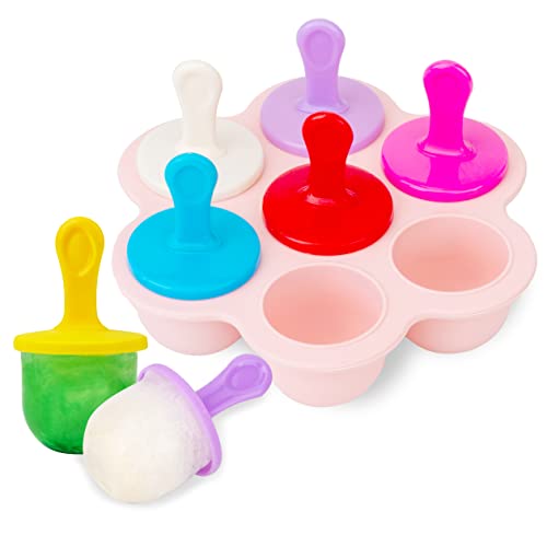 AIXMEET Mini Moule à Glace bébé, Popsicle Moules DIY Réutilisable, Ice Cream Moules à 7 Cavités, en 8 Tige en Plastique Colorés, pour Popsicles, Crèmes Glacées, Nourriture pour Bébé etc (Rose) Cover