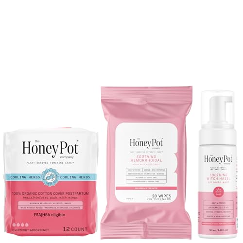 Image of The Honey Pot Company - Postpartum Pads, Wash, & Wipe Bundle - Postpartum Essentials - 12ct Pads, Witch Hazel Feminine Wash, 20ct Witch Hazel Feminine & Hemorrhoid Wipes