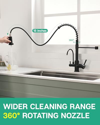 Image of GIMILI 3 in 1 Kitchen Faucet with Pull Down Sprayer Matte Black Two Handle Kitchen Sink Faucet with Under Sink Water Filter System Reduces PFAS, PFOA /PFOS, Lead, Chlorine, Bad Taste & Odor