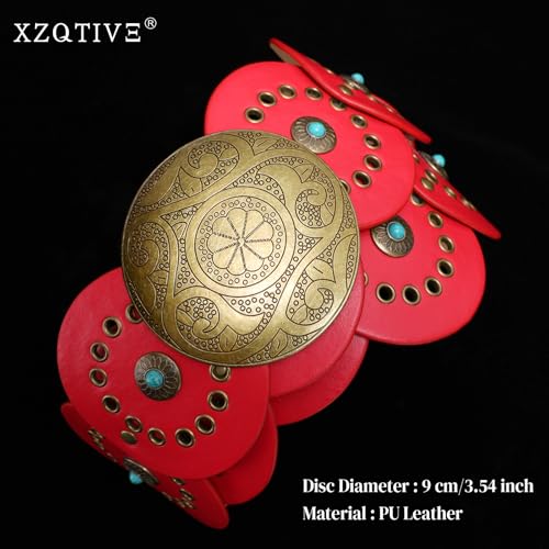Image of XZQTIVE Western PU Leather Belts for Woman Concho Cowgirl Cowboy Disc Belt for Ladies Wide Boho Country Waist Belts for Dress