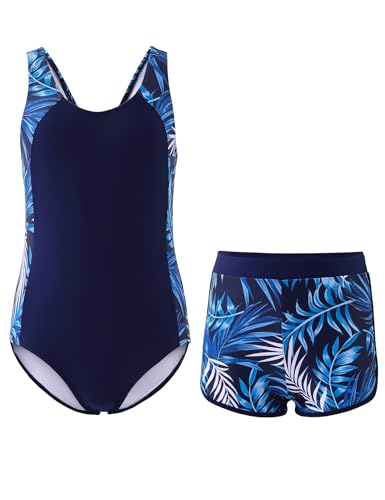 Image of Girls One Piece Swimsuits 2 Piece Girl Bathing Suit with Tropical Print Cover Up Shorts Teen Kids Swimwear 5-13Y