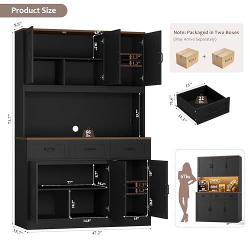 Image of HOSTACK Kitchen Pantry Cabinet, Tall Kitchen Hutch Cabinet, Black /Brown | 47 inchW Food Pantry Cabinet with Smart LED / Charging Station / Countertop / 3 Large Drawers, 72 inchH Storage Hutch for Dining Room