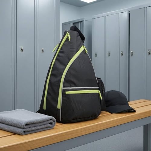 Mochila negra de pickleball con detalles verde fluorescente y compartimentos 2