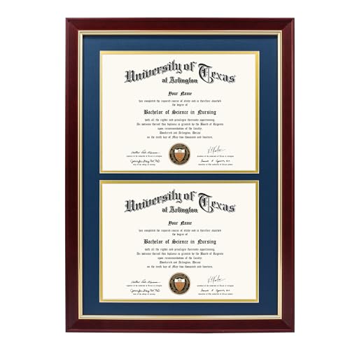 GMFrames Double Diploma Frame for Two 8.5x11 Certificates with Navy over Gold Mat Solid Wood UV Protection Acrylic Cherry Finish with Gold Trim