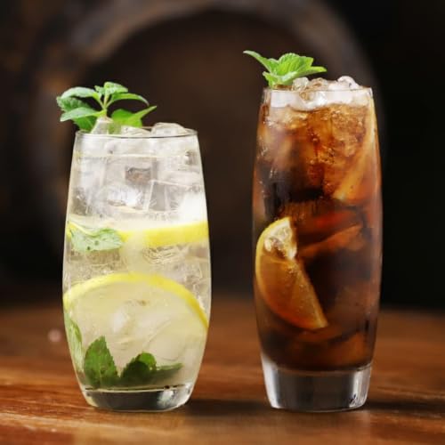 Image of 280ml Tall Fluted Highball Glasses with Heavy Diamond Cut Base | Ribbed Drinking Tumblers for Cocktails, Water, Juice Glass Set of 6