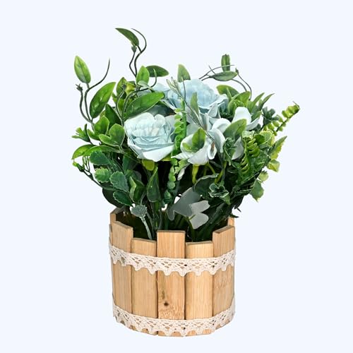 Image of Cortina Wooden Pot Straw Combination | Home Decor Items for Living Room Balcony Kitchen Bedroom Office Table Top Decoration - Light Blue, 20X10