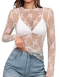 Lace Tops for Women Sexy Top White Mesh Long Sleeve Tops Slim Fitted Sheer Undershirt Trendy Summer Going Out Crewneck Shirts See Through Blouses S