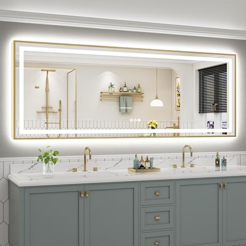 Image of 96X36 Inch LED Bathroom Mirror with Gold Frame, Backlit & Front Lit, Anti-Fog Lighted Bathroom Vanity Mirror for Wall, Memory Function, Dimmable, HD Tempered Glass, Shatter-Proof