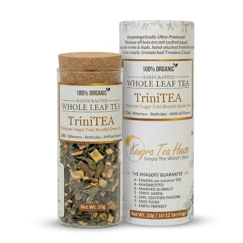 Image of Kangra Tea House Organically Grown Ginger Mulethi Green Tea for Joint Pains, Helps in Arthritis|Cough & Cold Relief (20g= 20 - 30 cups) - Richest Source of Antioxidants - TriniTEA 20g