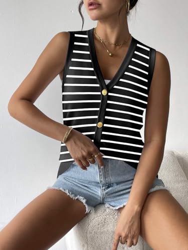 Image of Zeagoo Womens Sweater Vest Summer Ribbed Tank Tops Sleeveless Cardigan Button Down Shirts V Neck Top for Women Black Stripe XX-Large