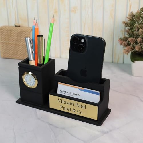 Image of EpicLane Wooden Pen Holder with Clock, Infinity Calendar, Visiting Card Holder & Mobile Stand | Desk Organizer (Vintage - Black)